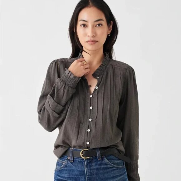 Faherty Tops - Faherty Charcoal Ruffled Henley Blouse